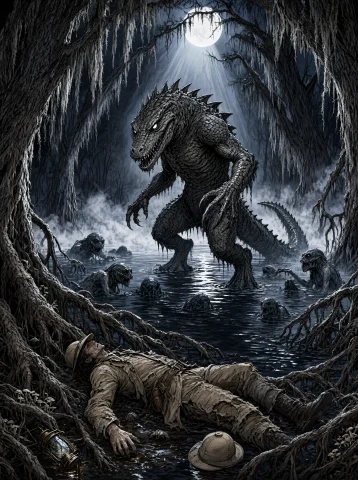 A Terrifying Reptilian Creature Emerges From The Dark Waters... — Stable Diffusion AI Prompt: A terrifying reptilian creature emerges from the dark waters of a moonlit swamp,...