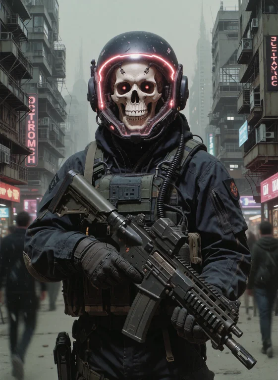 Dcrtromch. A Grim Depiction Of A Cyberpunk City A Figure Cla...