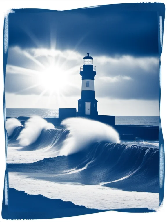 Cyanotype, Lighthouse, Stormy Sea, Crashing Waves, Dramatic...