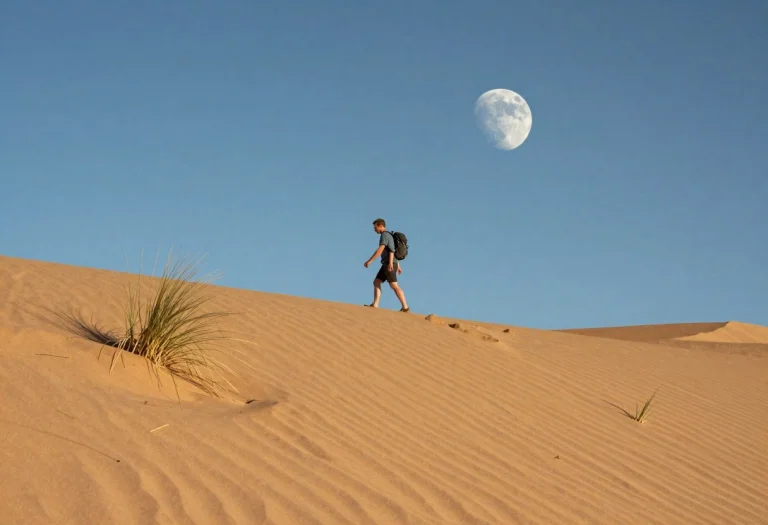 A Walker Crossing A Dune Field Under Two Moons, Key Visual,...