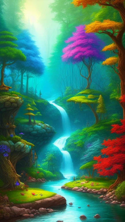 Fantasy, Forest River, Highly Detailed, Stylized, Colorful,...