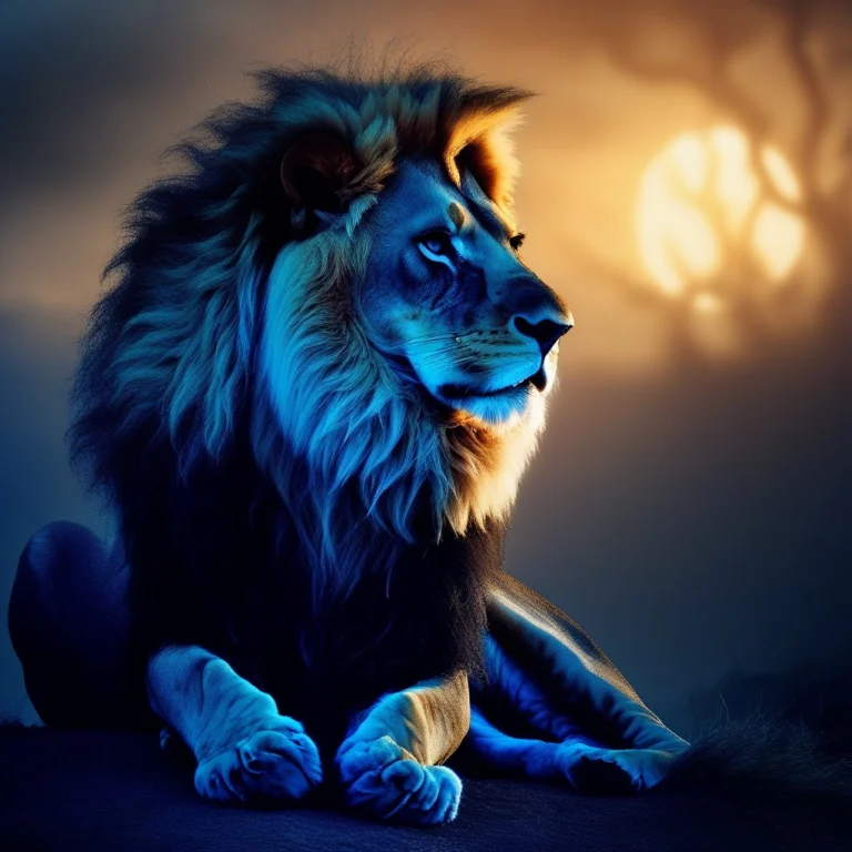 A Lion With A Mane Of Slow Blue Flame, Matte Painting, Sunse...