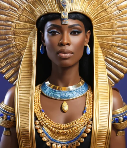 A Realistic Detail Of A Beautiful Black Female Model Wearing... — Stable Diffusion AI Prompt: a realistic detail of a beautiful black female model wearing an Egyptian pharaoh...