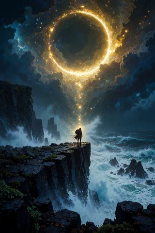 Grimmsfantasy, A Solitary Wanderer Stands As A Sharp, Dark S... — Stable Diffusion AI Prompt: grimmsfantasy, A solitary wanderer stands as a sharp, dark silhouette upon the p...