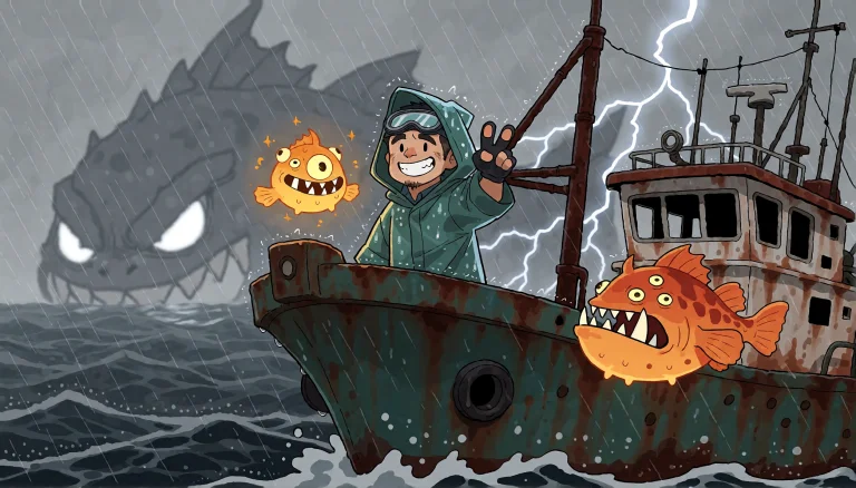 Cartoon Illustration, A Rusting Fishing Boat During A Grey W...