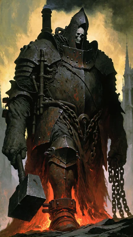 Low-angle, Towering Composition Centers A Colossal Humanoid...