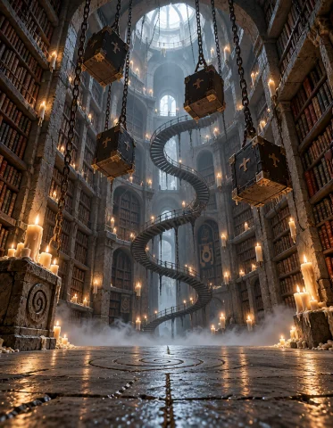 3xpl0r3 Dung30n, Photorealistic, Colossal Impossible Library... — Stable Diffusion AI Prompt: 3xpl0r3 dung30n, photorealistic, colossal impossible library, immense vertical s...