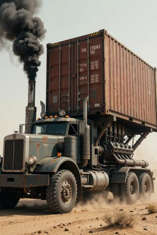 A Colossal Armored Truck, Its Chassis Fused With A Massive W... — Stable Diffusion AI Prompt: A colossal armored truck, its chassis fused with a massive wooden shipping conta...