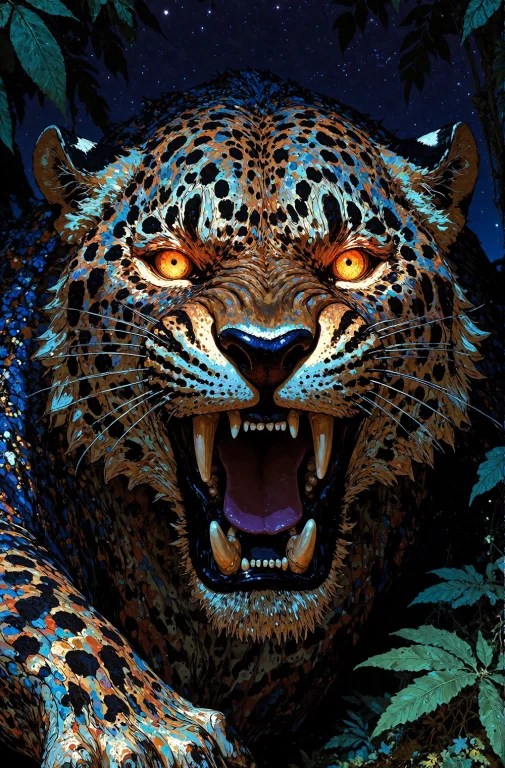 A Ferocious Leopard, Its Fur Rendered As An Intricate Mosaic...
