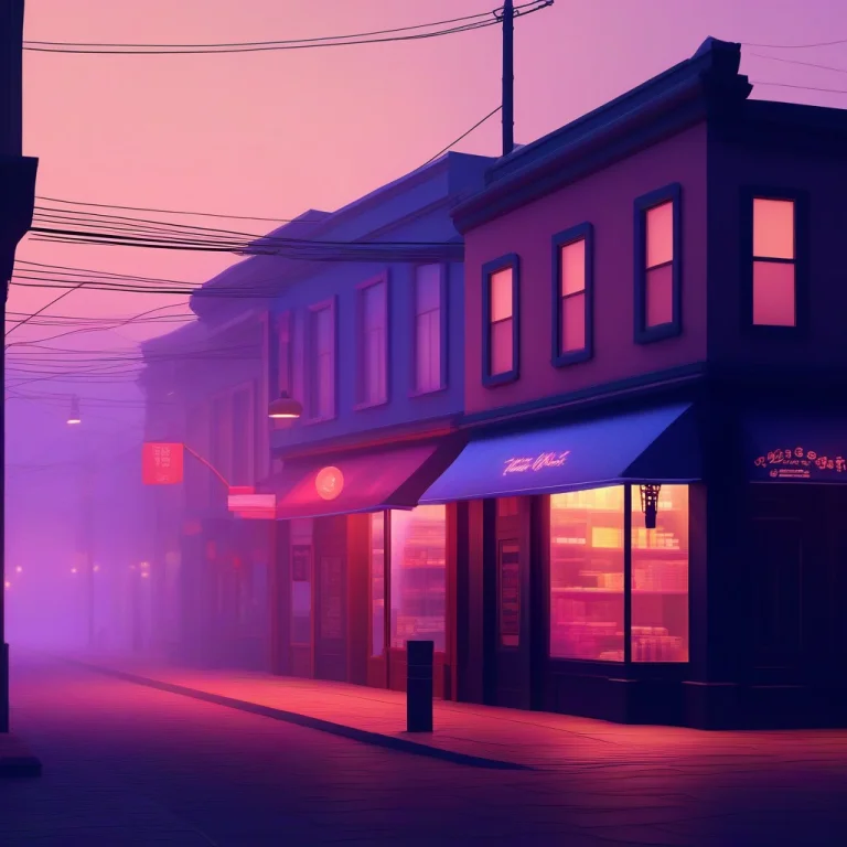 A Quiet Street Of Shops Closing At Dusk, Low Poly, Neon Ligh...