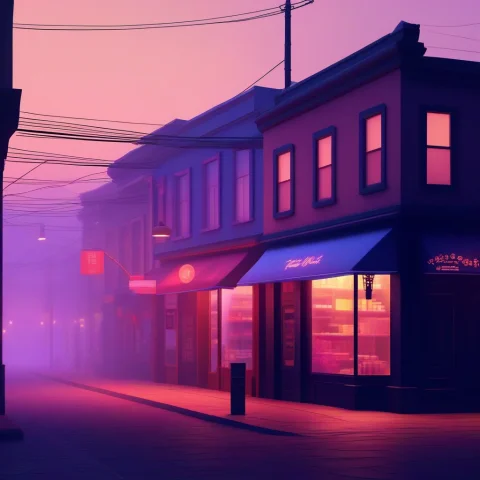 A Quiet Street Of Shops Closing At Dusk, Low Poly, Neon Ligh... — SDXL AI Prompt: a quiet street of shops closing at dusk, low poly, neon lighting, in drifting mi...