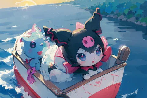 At Dawn When The Sun Is Shining, Kurumi Is Basking In The Su... — Stable Diffusion AI Prompt: (At dawn when the sun is shining, Kurumi is basking in the sunlight on the boat....