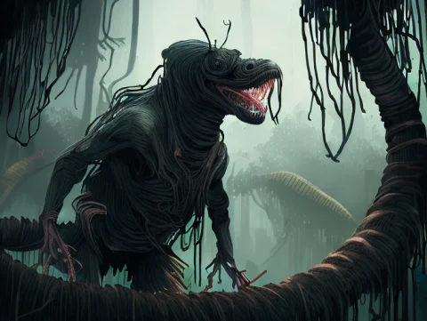 Fkingscifiv2, A Dark Dog-like Creature Made Of Worms, Prowli... — Stable Diffusion AI Prompt: fking_scifi_v2, a ((dark dog-like creature made of worms)), prowling a dense jun...