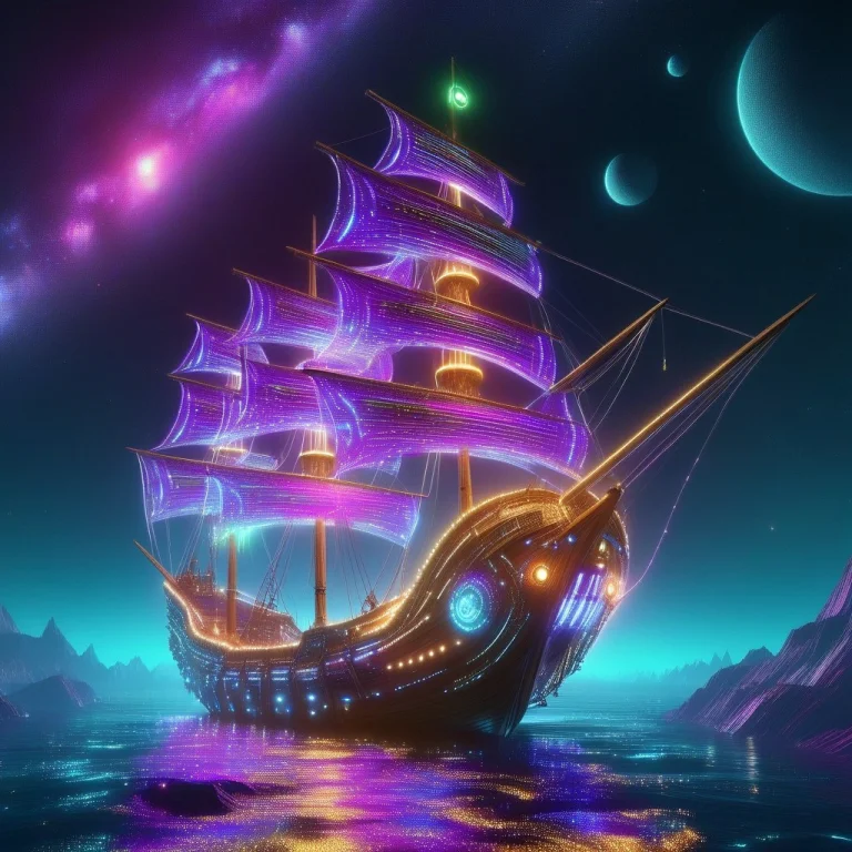A High-fantasy Pirate Galleon Sailing Through Space, Wooden...