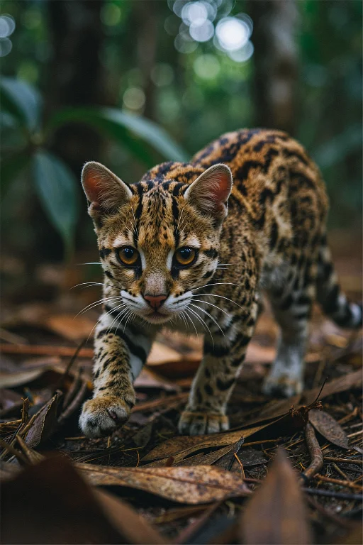 A Photorealistic Wildlife Portrait Of An Ocelot Kitten Prowl...