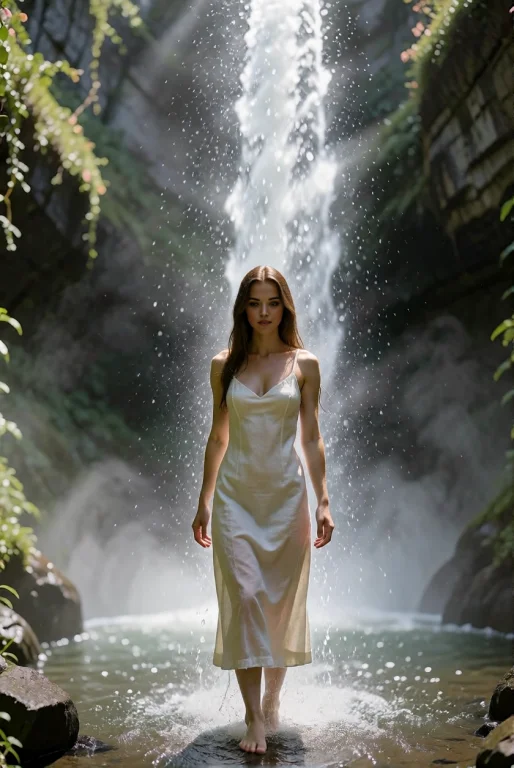 A Young Woman Stands In The Spray Of A Thousand-foot Waterfa...