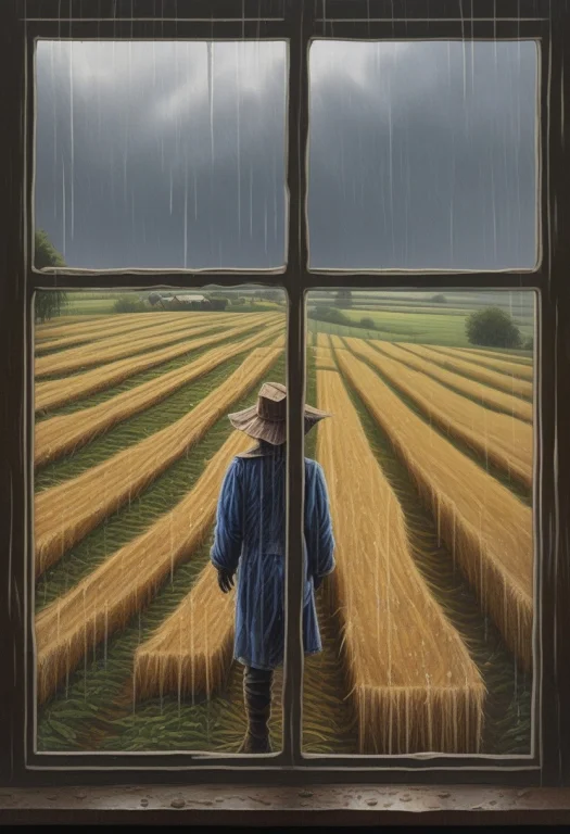 High Quality, Detailed, A Scarecrow Field Seen Through A Rai...