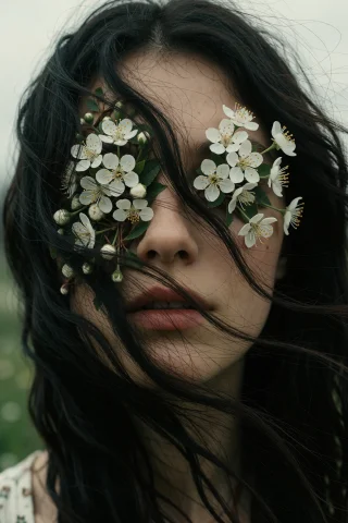 A Womans Face Is Half-concealed By Dark, Wind-tossed Hair. H... — Stable Diffusion AI Prompt: A woman’s face is half-concealed by dark, wind-tossed hair. Her eyelids are repl...