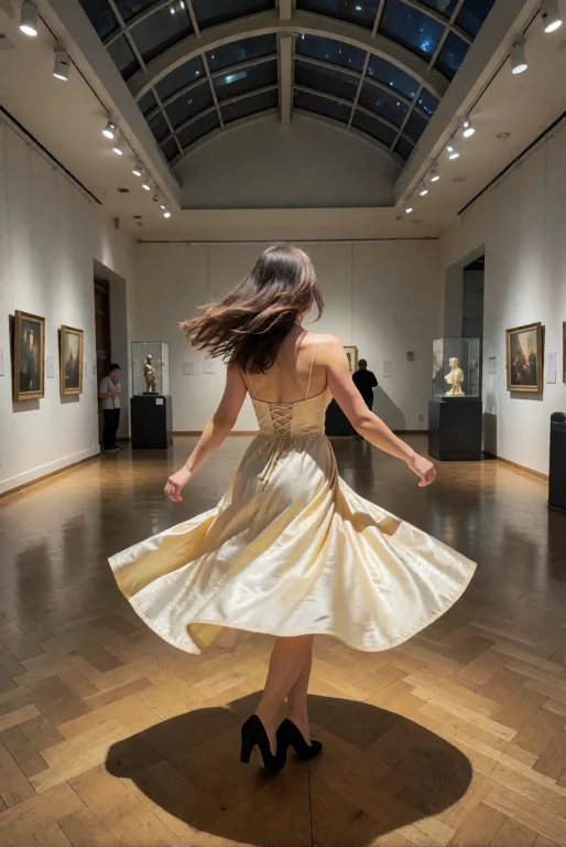 A Woman In A Pale Gold Dress Spins Once In An Empty Museum H...