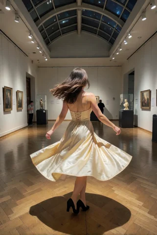 A Woman In A Pale Gold Dress Spins Once In An Empty Museum H... — Stable Diffusion AI Prompt: A woman in a pale gold dress spins once in an empty museum hall at night.