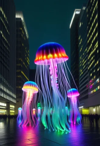 Led, Colorful Led Light, Jellyfish, Downtown City — SDXL AI Prompt: LED, colorful LED light, Jellyfish, Downtown city