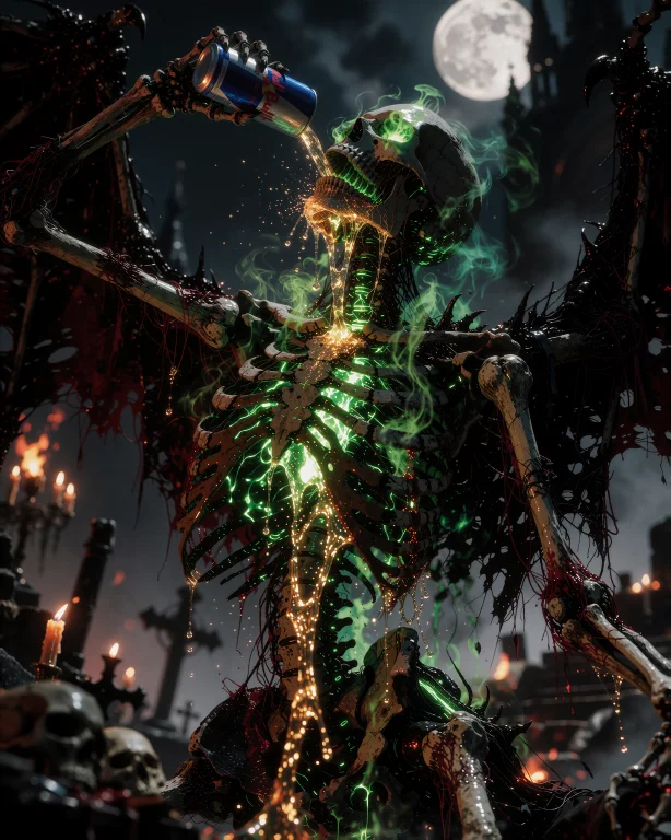 A Terrifying Undead Skeleton In A Ruined Gothic Cathedral At...
