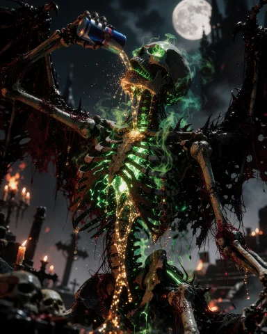 A Terrifying Undead Skeleton In A Ruined Gothic Cathedral At... — Stable Diffusion AI Prompt: A terrifying undead skeleton in a ruined gothic cathedral at night, standing ben...