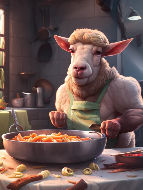 A Professional Wide Shot Photograph Of Lamb Who Is A Chef Co...