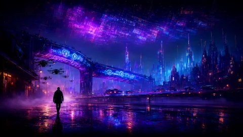 The Image Is A Wide Cyberpunk Wallpaper Of A Neon-drenched D... — Stable Diffusion AI Prompt: The image is a wide cyberpunk wallpaper of a neon-drenched dreamworld, rendered...