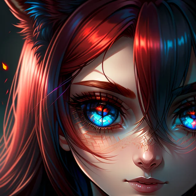 A Redhead Fox-girl With Blue Eyes, Epic Realistic, Dark Shot...