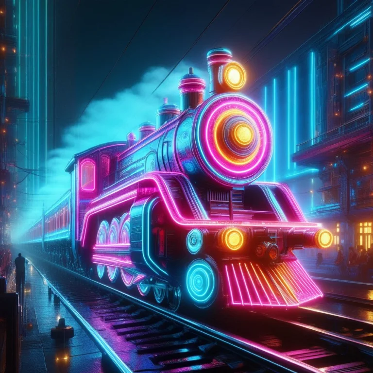 A Old Toy Train Rendered In Radiant Neon, Blending High-fant...
