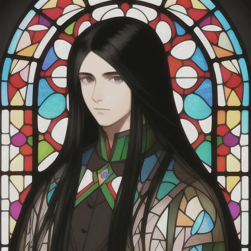 Portrit Of A Young Man, Stained Glass Window, Long Black Hai...