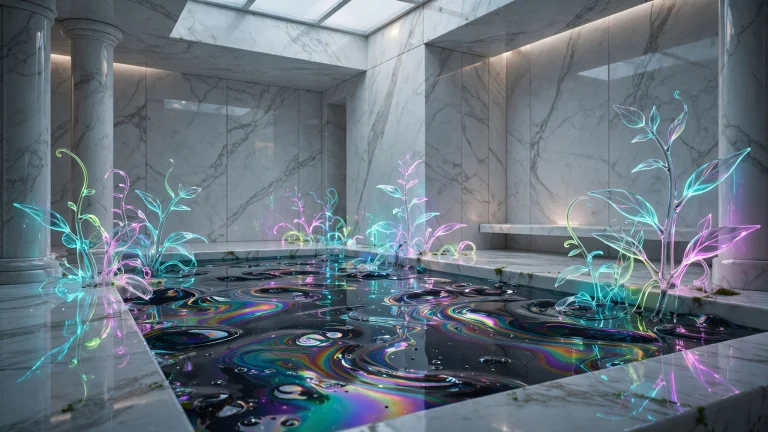 Polished White Marble, Pool Of Iridescent Sludge, Transparen...