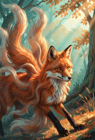 A Fox Spirit With Many Drifting Tails, Impressionist Style,... — Stable Diffusion AI Prompt: a fox spirit with many drifting tails, impressionist style, dappled sunlight, di...
