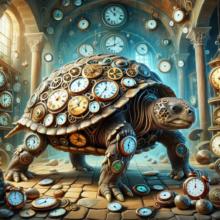 A Giant Ancient Tortoise, Clocks Covering The Shell