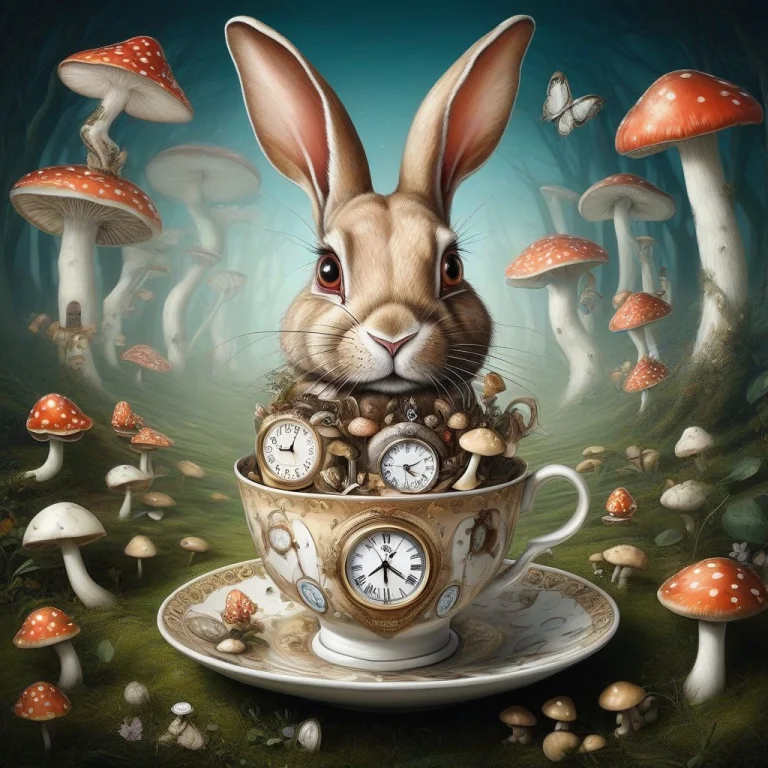 Clock, Alice In Wonderland, Rabbit ,teacup,mushrooms, Surrea...