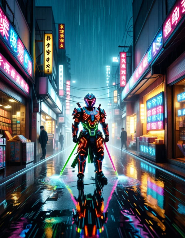 4. A Majestic Samurai Warrior Standing Beneath Torrential Ra...