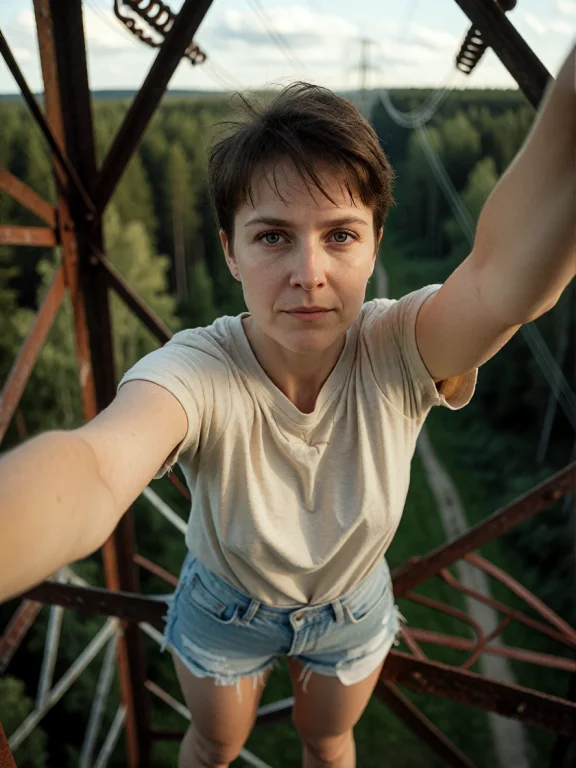 Candid Selfie Of A Woman With Short Hair, Wearing Casual Clo...