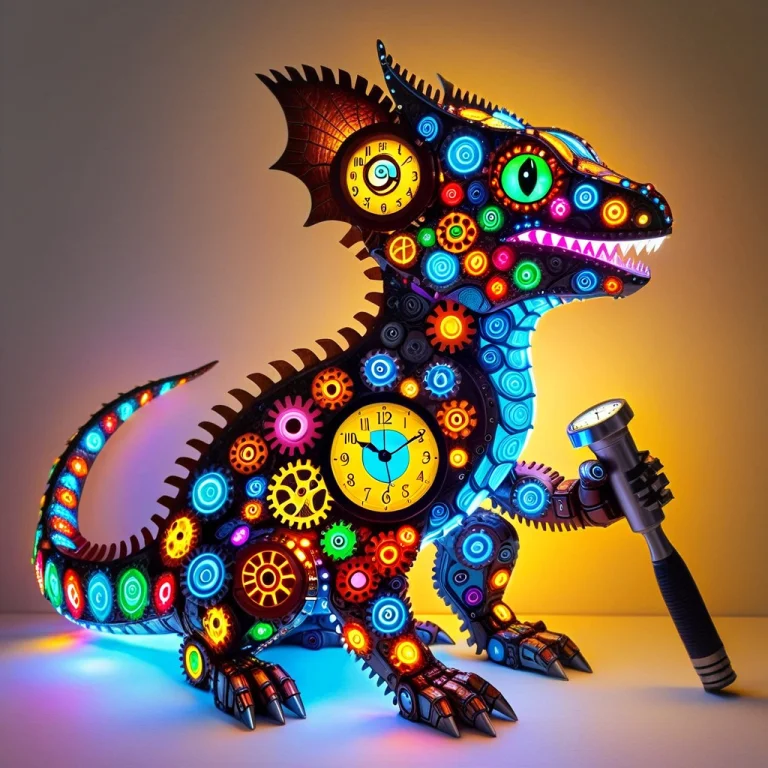 Led, Creature Made Of Gears With Colorful Led Lights, Eyes O...