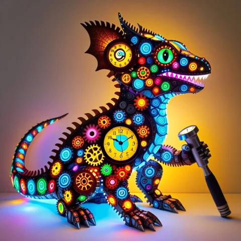 Led, Creature Made Of Gears With Colorful Led Lights, Eyes O... — SDXL AI Prompt: LED, creature made of gears with colorful LED lights, eyes on side of head are c...