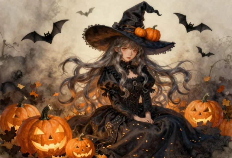 Full-body Portrait Of A Young Witch Girl In A Dark Elegant G...