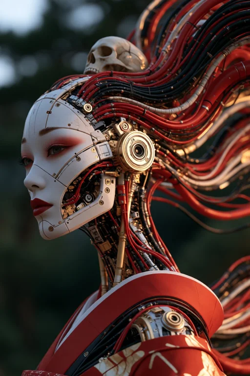Midjourney A Close Up Side Profile Of A Geisha Cyborg. Her F...