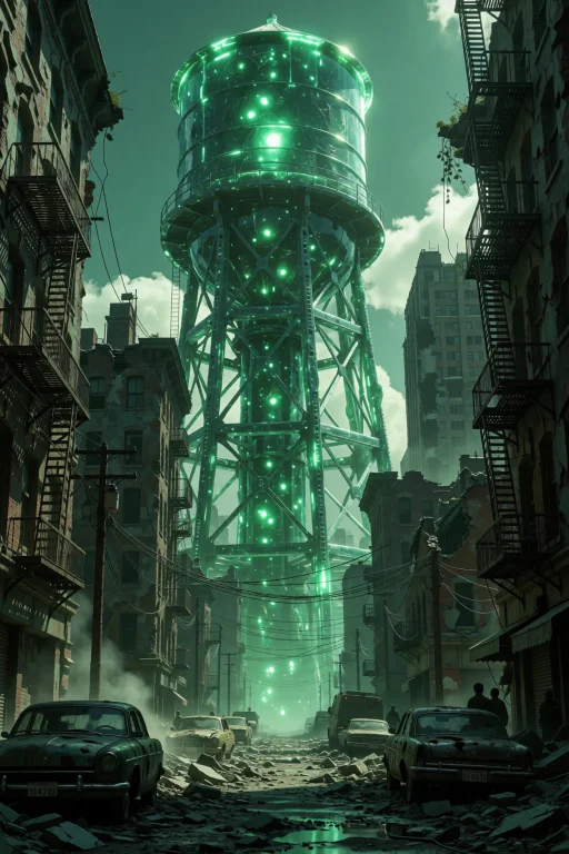 A Colossal Water Tower Made Of Translucent Jade Rises Above...