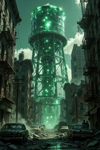 A Colossal Water Tower Made Of Translucent Jade Rises Above... — Stable Diffusion AI Prompt: A colossal water tower made of translucent jade rises above a ruined city street...
