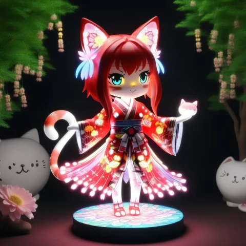 A 3d Chibi Anime Red Hair Cat Girl Wear Led, Colorful Led Li... — SDXL AI Prompt: a 3d chibi anime red hair cat girl wear LED, colorful LED lights kimono