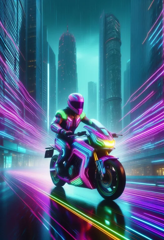 A Futuristic Motorcycle Rider Racing Through A Rain-soaked N...