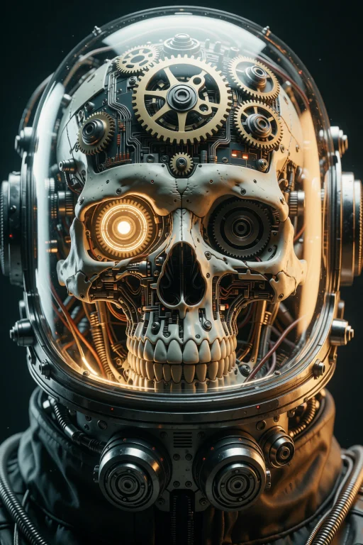 A Close-up Of A Cybernetic Entitys Head Where Its Skull Has...