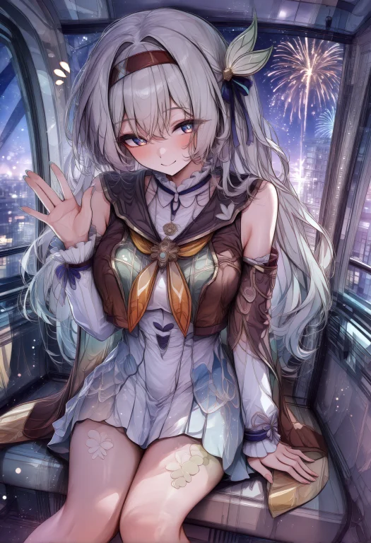 1girl, Solo, Long Hair, Grey Hair, Colored Tips, Multicolore...