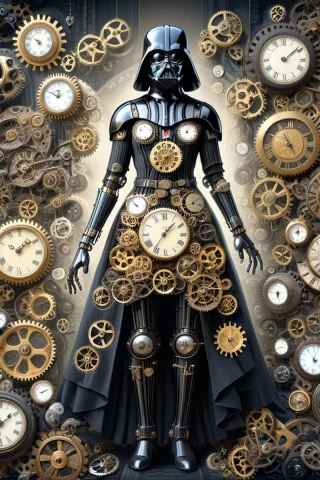 A Fancy Darth Vader In A Cute Dress Throwing A Yyy.. . Clock... — SDXL AI Prompt: a fancy darth vader in a cute dress throwing a yyy.. . Clock faces, Metal gears,...