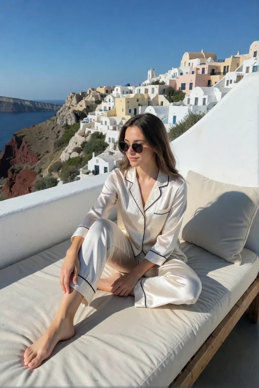 A Woman In Ivory Silk Pajamas Sits On A Balcony Daybed In Sa...